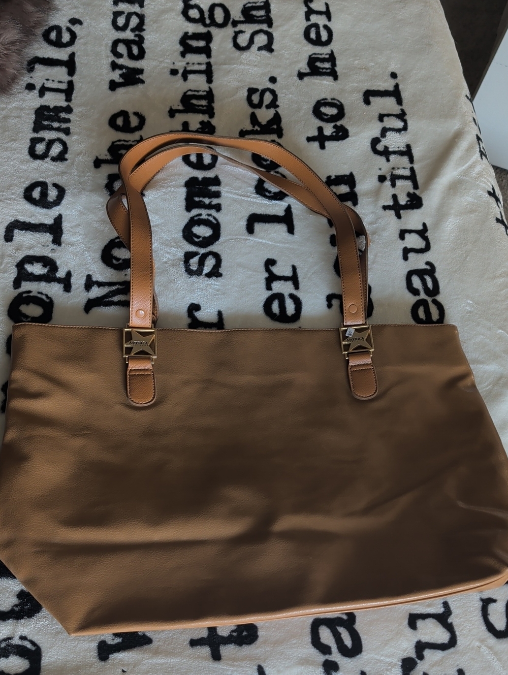 Perry Ellis Tan Leather Tote with Light Brown Straps